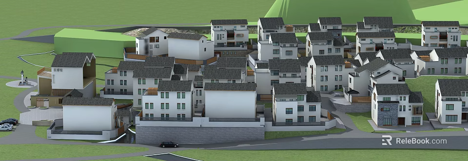 Hinged Door Design For Traditional White Village Houses With Black Roofs And Green Grass 3d model 