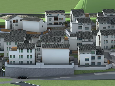 Hinged Door Design For Traditional White Village Houses With Black Roofs And Green Grass 3d model