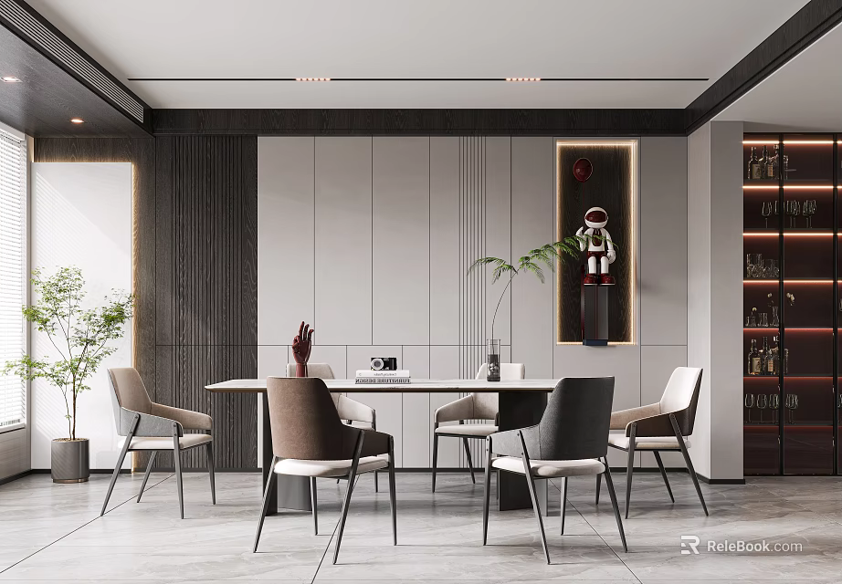 Modern Elegant Restaurant Interior With Dining Table Chairs Wall Decor And Wine Cabinet 3d model