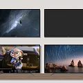 Multiple 65 Inch TV Screens Showing Scenic Views Cartoon Character Starry Sky And Rock Formations