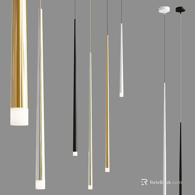 Modern Slim Cylindrical Gold Black White Pendant Lights Hanging On Grey Background 3d model 