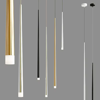 Modern Slim Cylindrical Gold Black White Pendant Lights Hanging On Grey Background 3d model
