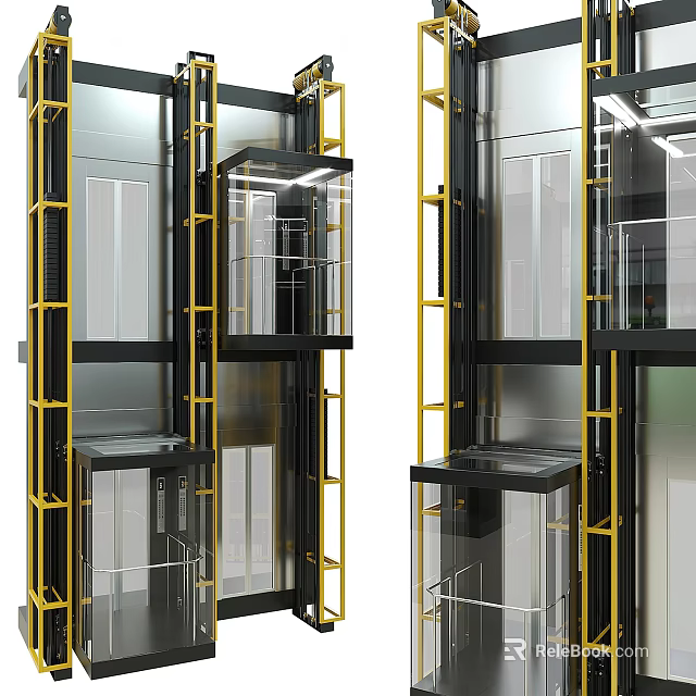 Modern Elevator Structure With Glass Cabins And Metal Yellow Frames Design 3d model 
