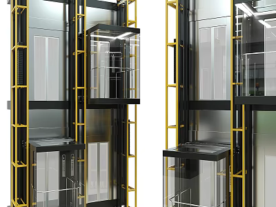 Modern Elevator Structure With Glass Cabins And Metal Yellow Frames Design 3d model