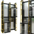 Modern Elevator Structure With Glass Cabins And Metal Yellow Frames Design 3d model