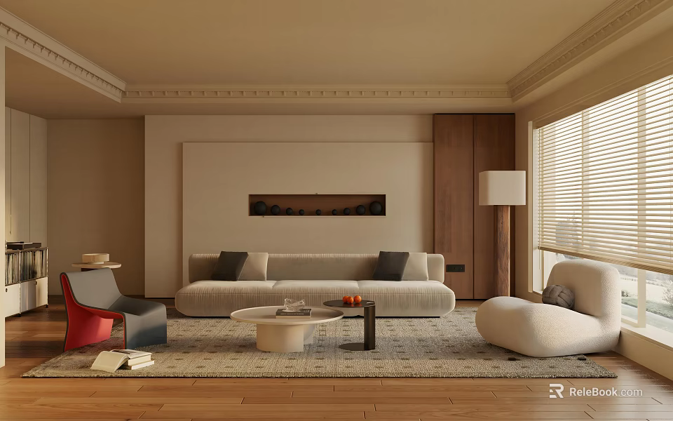 Modern Living and Dining Room Interior Design With Beige Sofa Gray Pillows And Wooden Floor 3d model 