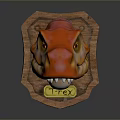 Red Yellow Dinosaur Skull Decorative Piece With Wooden Frame And Detailed Eye