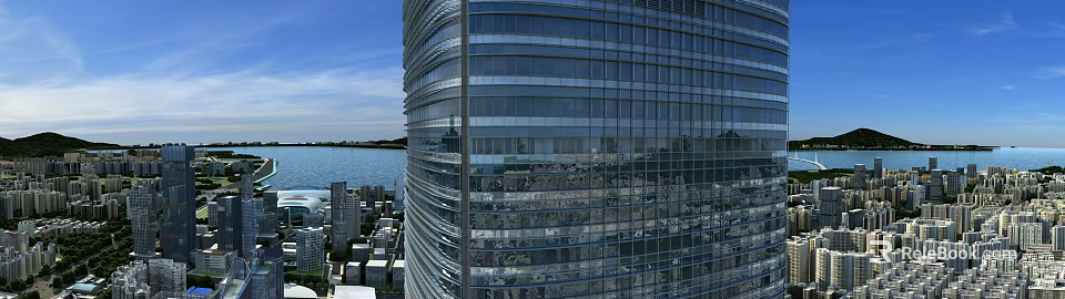 Aerial Planning of Modern Glass Curtain Wall Skyscraper with Urban Landscape and Water Reflection 3d model 