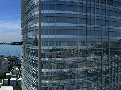 Aerial Planning of Modern Glass Curtain Wall Skyscraper with Urban Landscape and Water Reflection 3d model