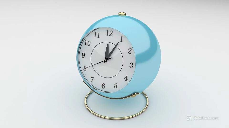 Blue Round Table Clock With White Dial Black Numbers And Golden Stand 3d model 