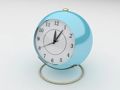 Blue Round Table Clock With White Dial Black Numbers And Golden Stand 3d model