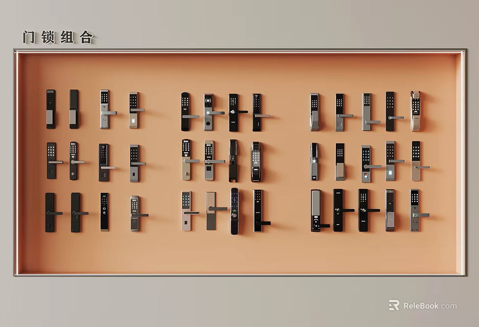 Various Modern Door Handles and Locks Combination Displayed on Orange Wall 3d model