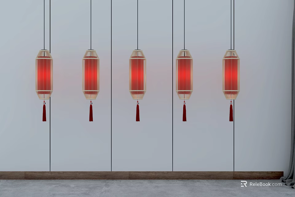 Five Lantern Shaped Hanging Chandeliers With Red Shades And Tassels On White Wall And Gray Floor 3d model 