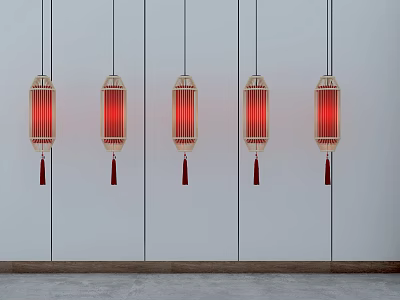 Five Lantern Shaped Hanging Chandeliers With Red Shades And Tassels On White Wall And Gray Floor 3d model