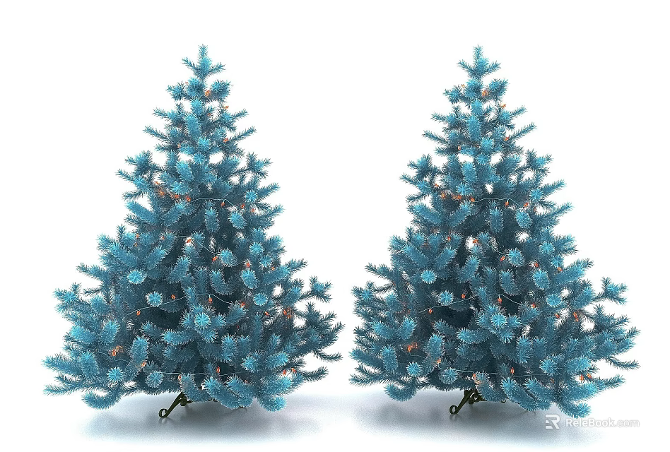 Two Blue Artificial Christmas Trees With Decorative Lights And White Background 3d model 