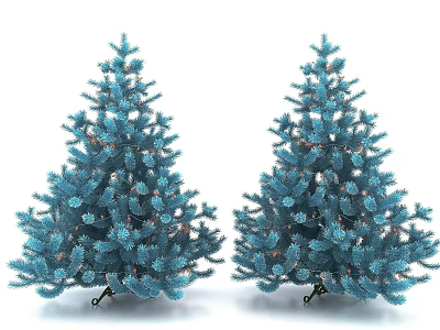 Two Blue Artificial Christmas Trees With Decorative Lights And White Background 3d model