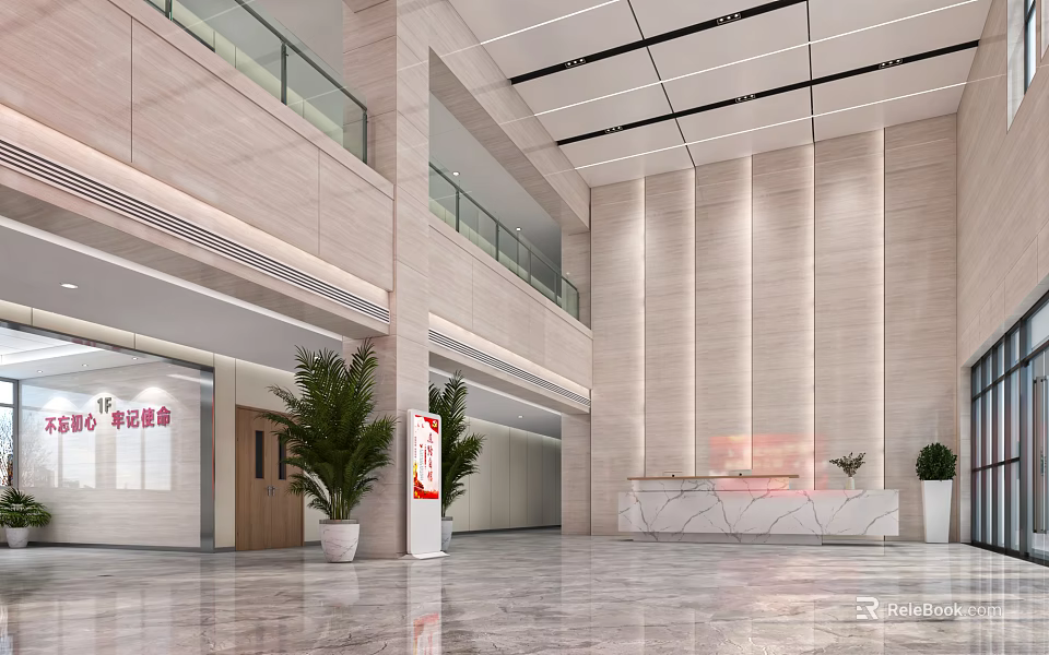 Modern Spacious Lobby Front Desk Reception Area With Marble Floor And Green Plants 3d model 