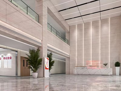 Modern Spacious Lobby Front Desk Reception Area With Marble Floor And Green Plants 3d model