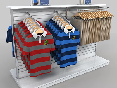 Colorful Striped Polo Shirts And Beige Tees On White Clothing Rack With Hangers 3d model