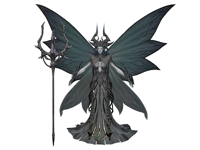 Elegant Fantasy Character In Ornate Robe With Horned Headdress Large Butterfly Wings And Decorative Staff 3d model