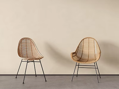 Minimalist Rattan Single Chairs with Black Metal Legs Against Beige Wall and Gray Floor 3d model