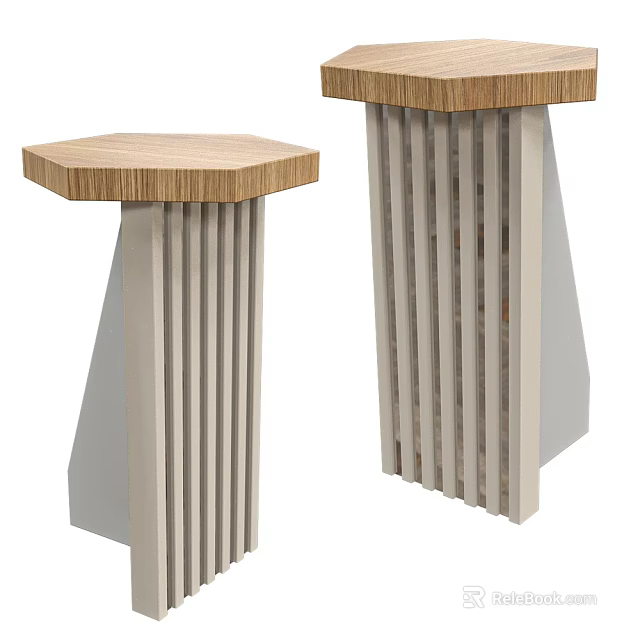 Modern Side Tables With Octagonal Wooden Top And Vertical Slatted Light Gray Base 3d model 