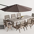 Outdoor Rectangular Stone Top Table With Wooden Chairs And Brown Umbrella 3d model
