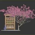 Outdoor Pergola with Pink Flowering Tree Green Plant Wall Sofa Blue Decorations on Stone Pavement