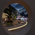 Scenic Mountain Backdrop Bar With Outdoor Seating Night View And Ambient Lighting Decor