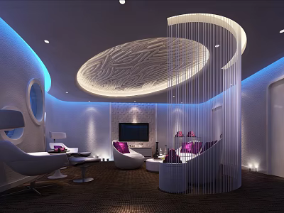 Modern Hotel Public Lounge Design With Round Patterned Ceiling Purple Sofas And TV 3d model
