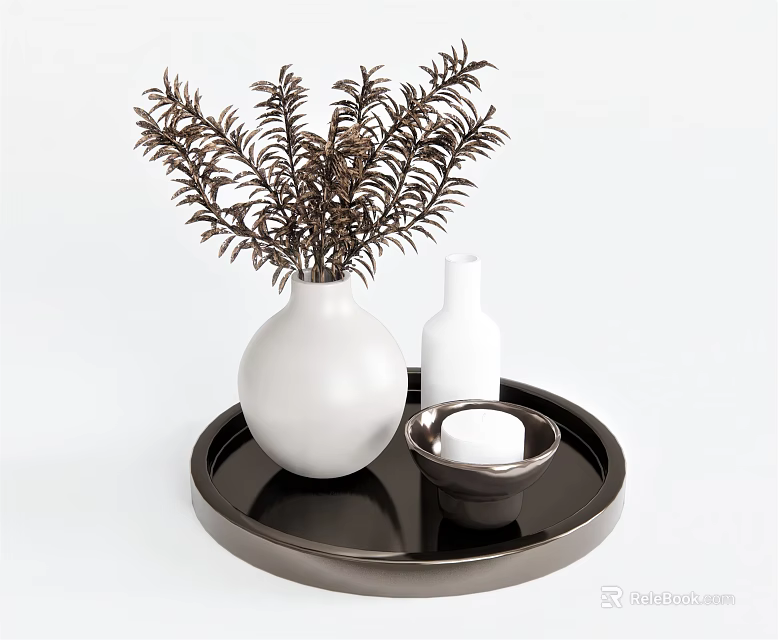 White Vase With Brown Flowers On Black Tray Including Small White Bottle And Bowl 3d model 