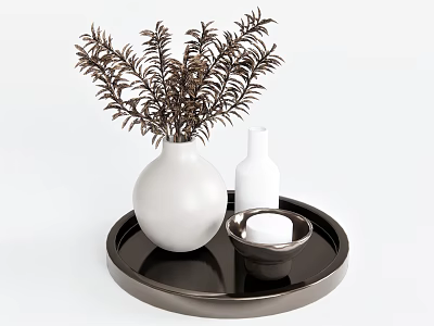 White Vase With Brown Flowers On Black Tray Including Small White Bottle And Bowl 3d model