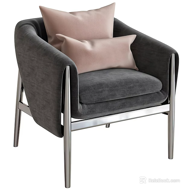 Modern Gray Fabric Single Sofa with Soft Pink Cushions Curved Arms and Chrome Frame Design 3d model 