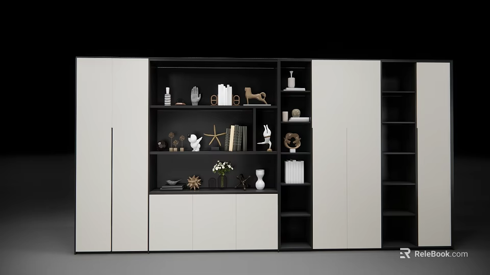 Stylish Decorative Ornament Set On Modern Shelf With Sculptures Vases And Books 3d model 