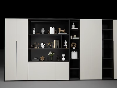 Stylish Decorative Ornament Set On Modern Shelf With Sculptures Vases And Books 3d model