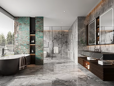 Modern Bathroom Interior With Marble Tiles Freestanding Bathtub Double Vanity Glass Shower And Large Mirror 3d model