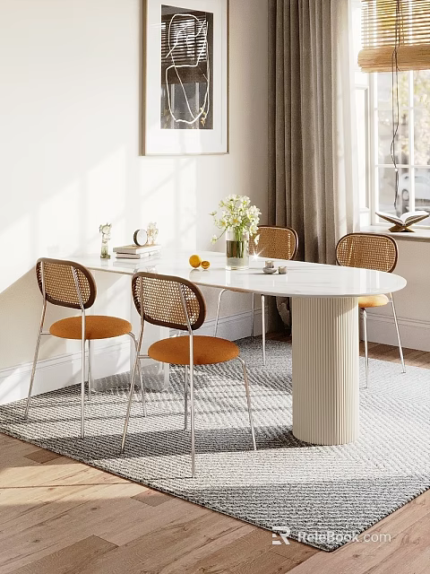 Modern Dining Table Set with Fluted Pedestal White Top and Rattan Back Orange Cushion Chairs 3d model 