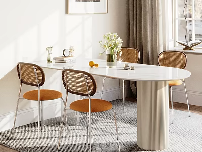 Modern Dining Table Set with Fluted Pedestal White Top and Rattan Back Orange Cushion Chairs 3d model