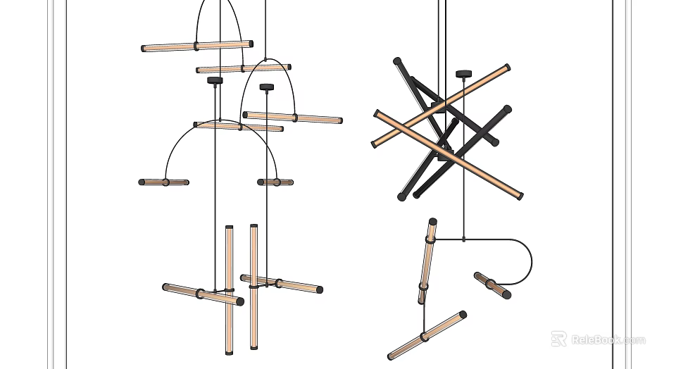 Modern Contemporary Pendant Lights With Wooden And Metal Crossed Linear Design 3d model 