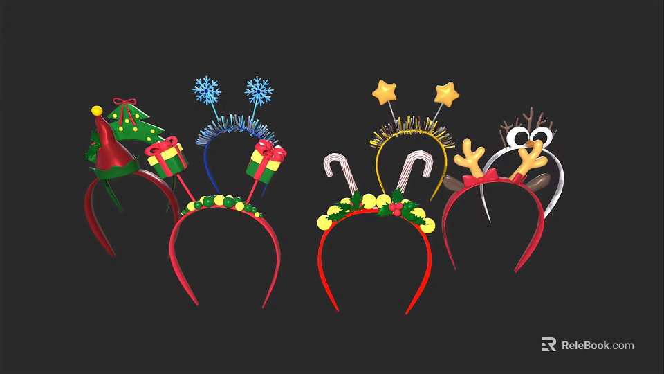 Christmas Themed Headbands With Snowflakes Stars Candy Canes And Reindeer Antlers 3d model 