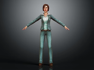 3D Female Character Model With Blue Jacket Jeans And Outstretched Arms Gray Background 3d model
