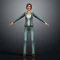 3D Female Character Model With Blue Jacket Jeans And Outstretched Arms Gray Background