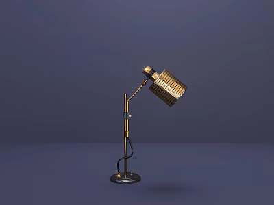 Brass Adjustable Table Lamp With Striped Cylindrical Shade And Round Base 3d model