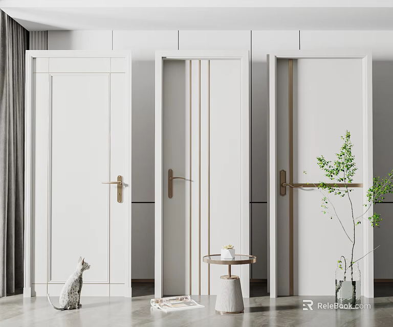 Modern White Hinged Doors Interior With Brass Handles And Green Plant Decor 3d model 
