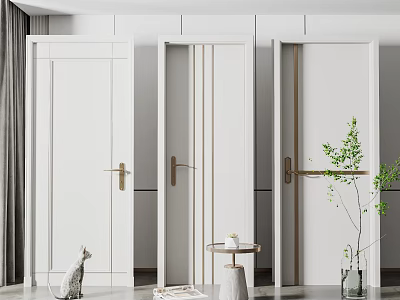 Modern White Hinged Doors Interior With Brass Handles And Green Plant Decor 3d model