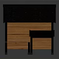 Wooden Dog House With Black Roof And Small Table With Bowls