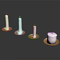 White Candles on Brown Circular Trays with Dark Background and Reflections 3d model