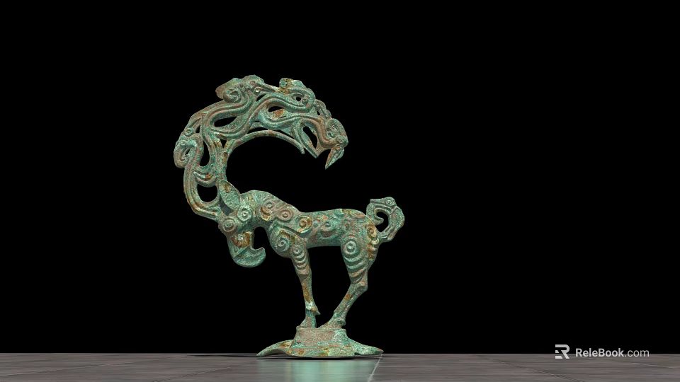 Ancient Bronze Mythical Animal Decorative Ornament Sculpture with Intricate Scroll Patterns Greenish Blue Finish 3d model 