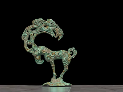 Ancient Bronze Mythical Animal Decorative Ornament Sculpture with Intricate Scroll Patterns Greenish Blue Finish 3d model