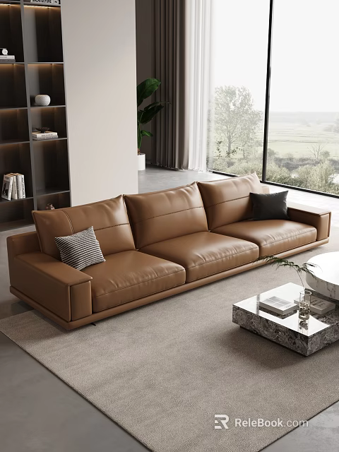 Brown Leather Three-Seater Sofa with Striped and Black Cushions by Window with Scenic View 3d model 